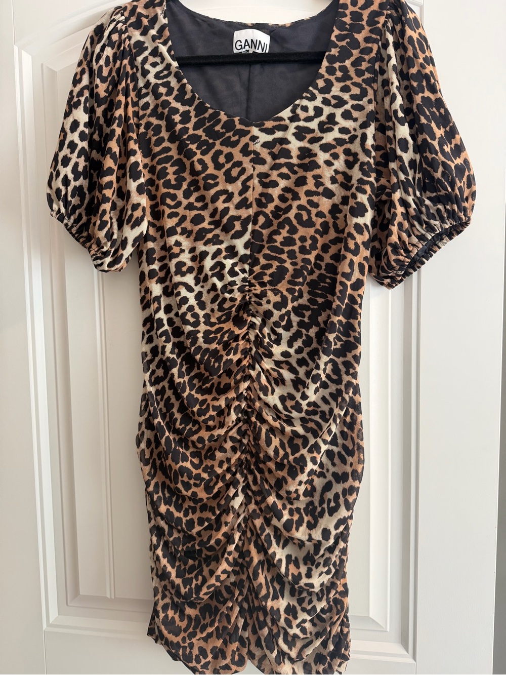 Ganni Leopard Ruched Mini Dress in Brown Black Cream
